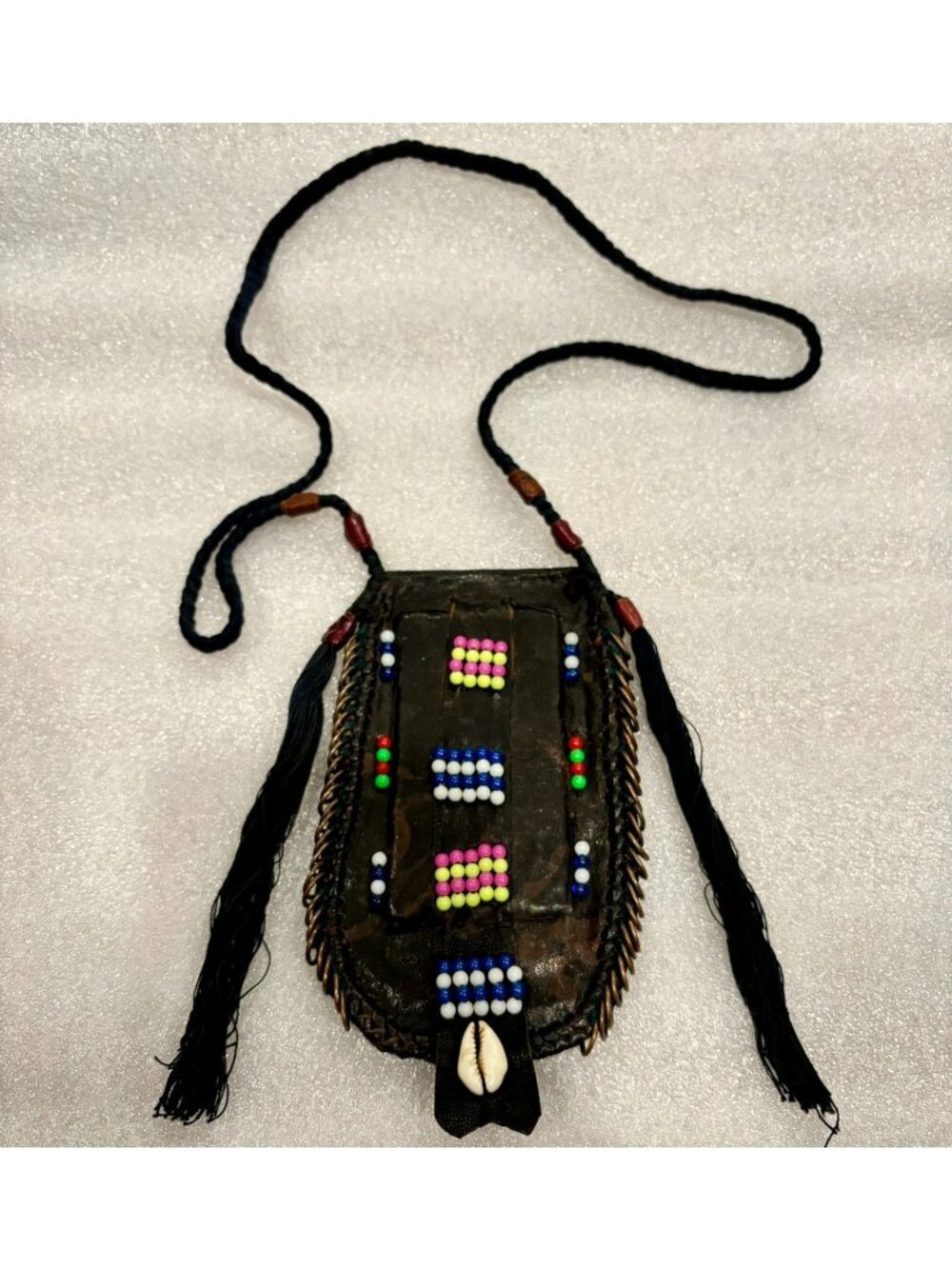 1970s African Artisan Made Leather Mirror Brass Beaded Neckpiece